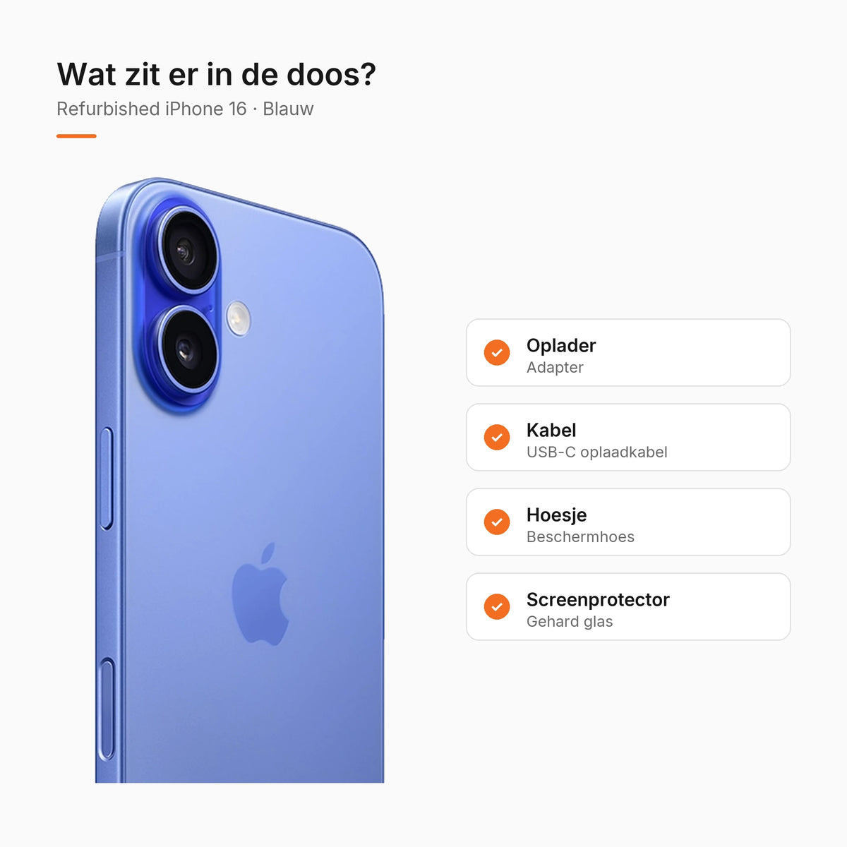 Refurbished iPhone 16 Blauw, wat zit er in de doos