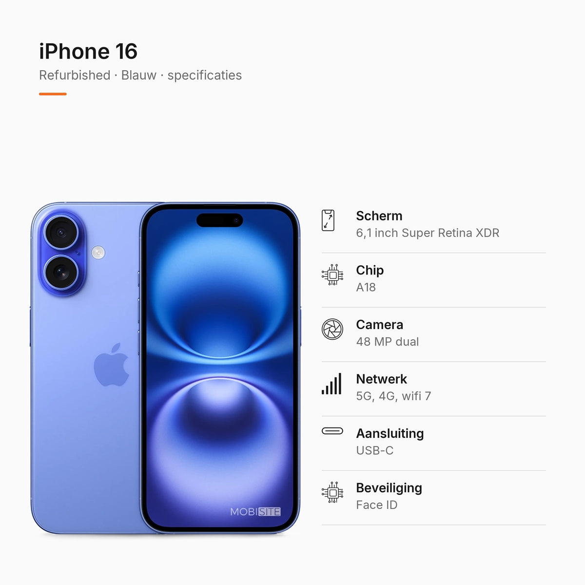 Refurbished iPhone 16 Blauw, specificaties