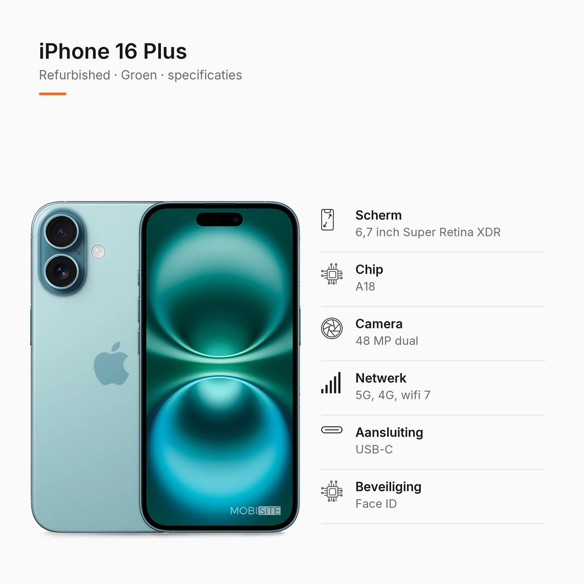 Refurbished iPhone 16 Plus Groen, specificaties