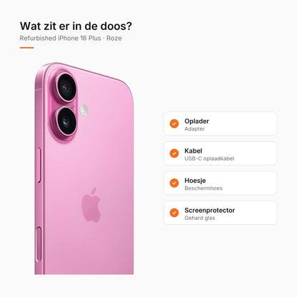 Refurbished iPhone 16 Plus Roze, wat zit er in de doos