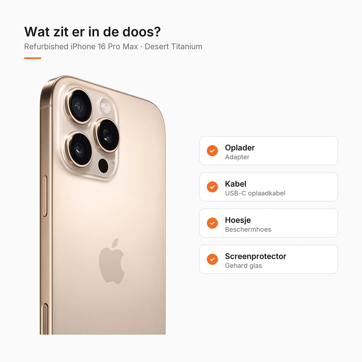 Refurbished iPhone 16 Pro Max Desert Titanium, wat zit er in de doos