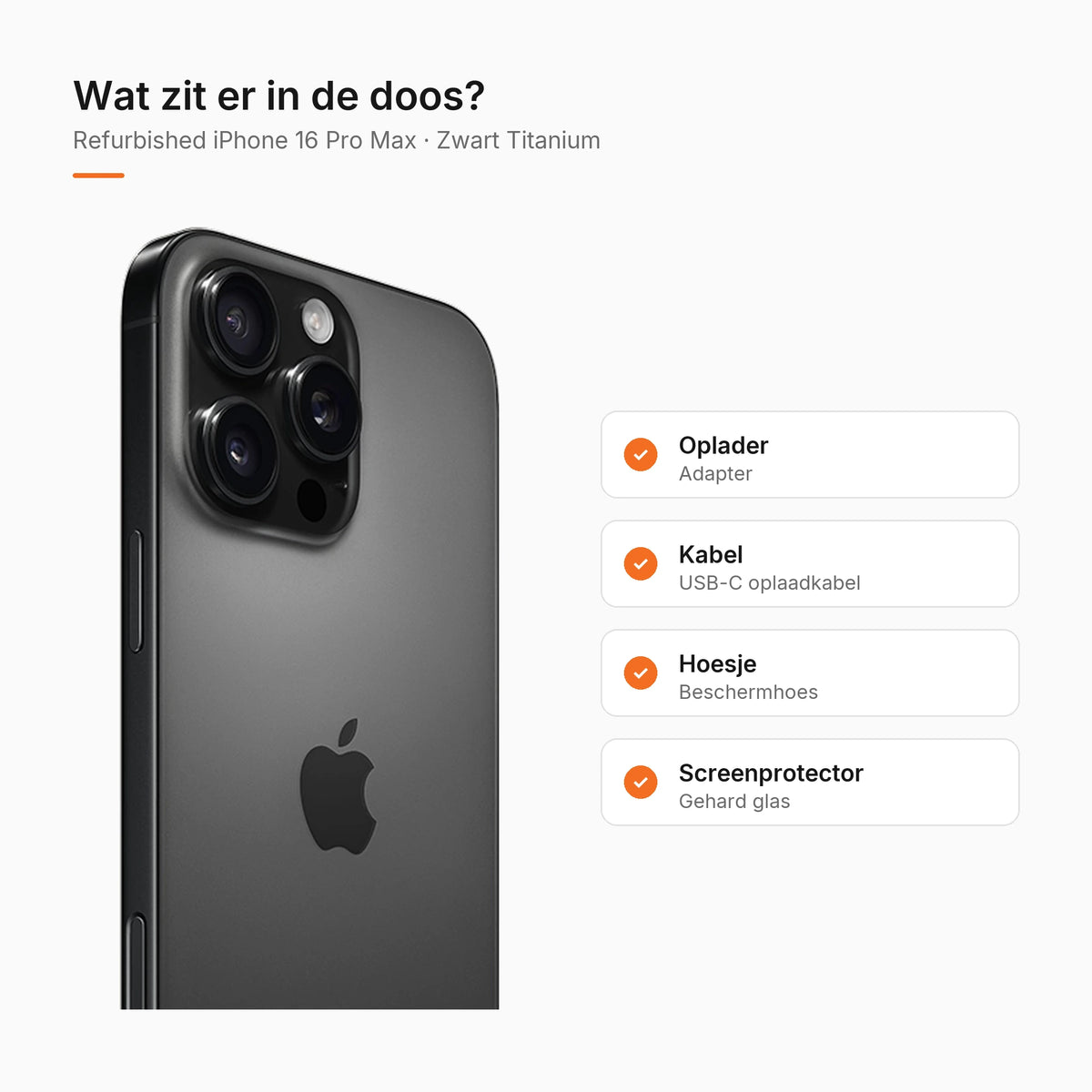 Refurbished iPhone 16 Pro Max Zwart Titanium, wat zit er in de doos