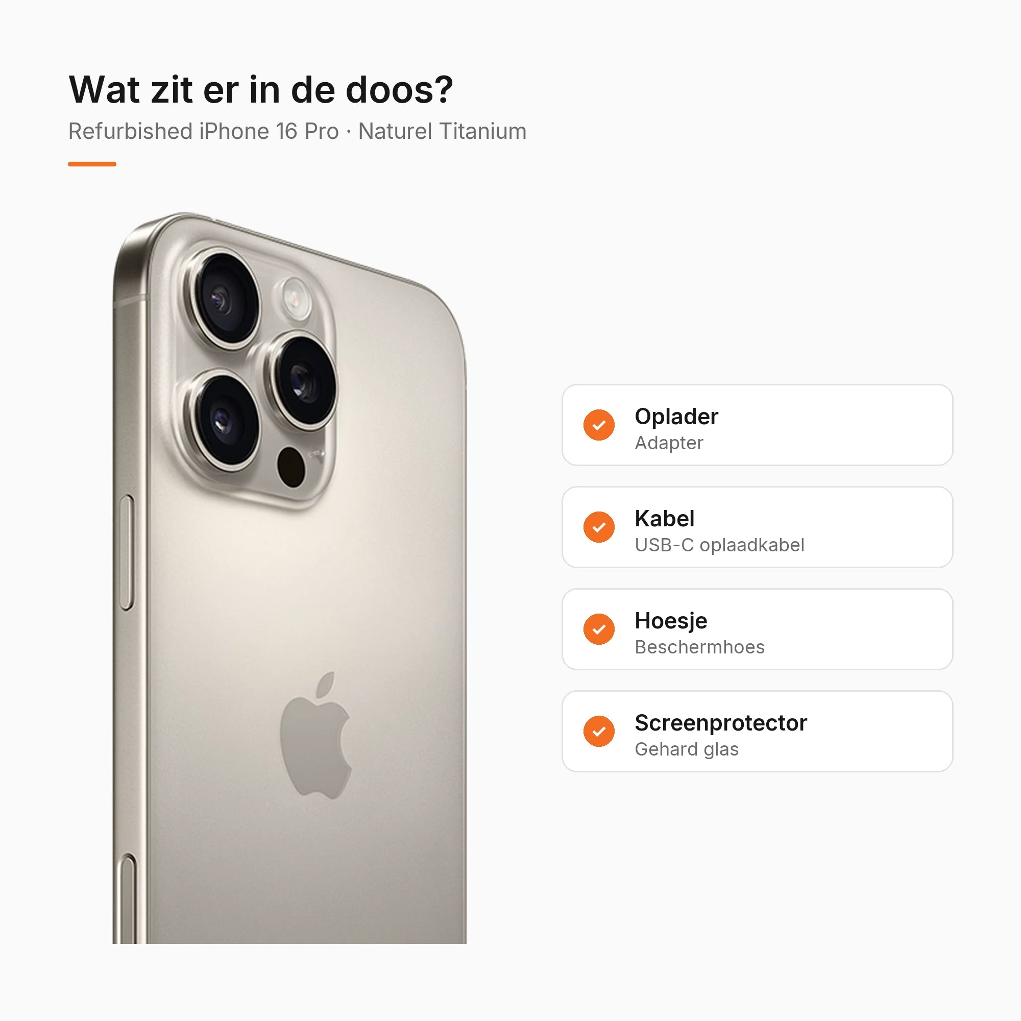 Refurbished iPhone 16 Pro Naturel Titanium, wat zit er in de doos