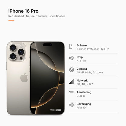 Refurbished iPhone 16 Pro Naturel Titanium, specificaties