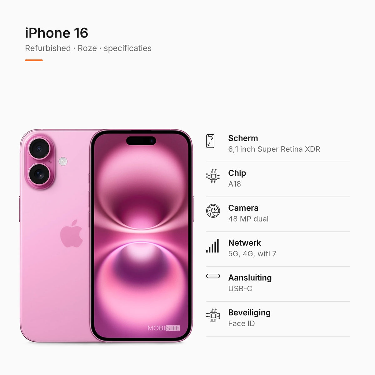 Refurbished iPhone 16 Roze, specificaties