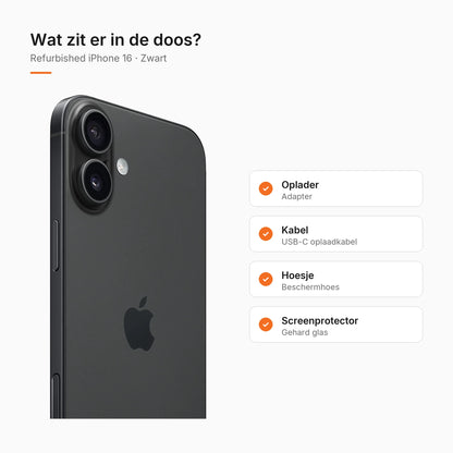 Refurbished iPhone 16 Zwart, wat zit er in de doos