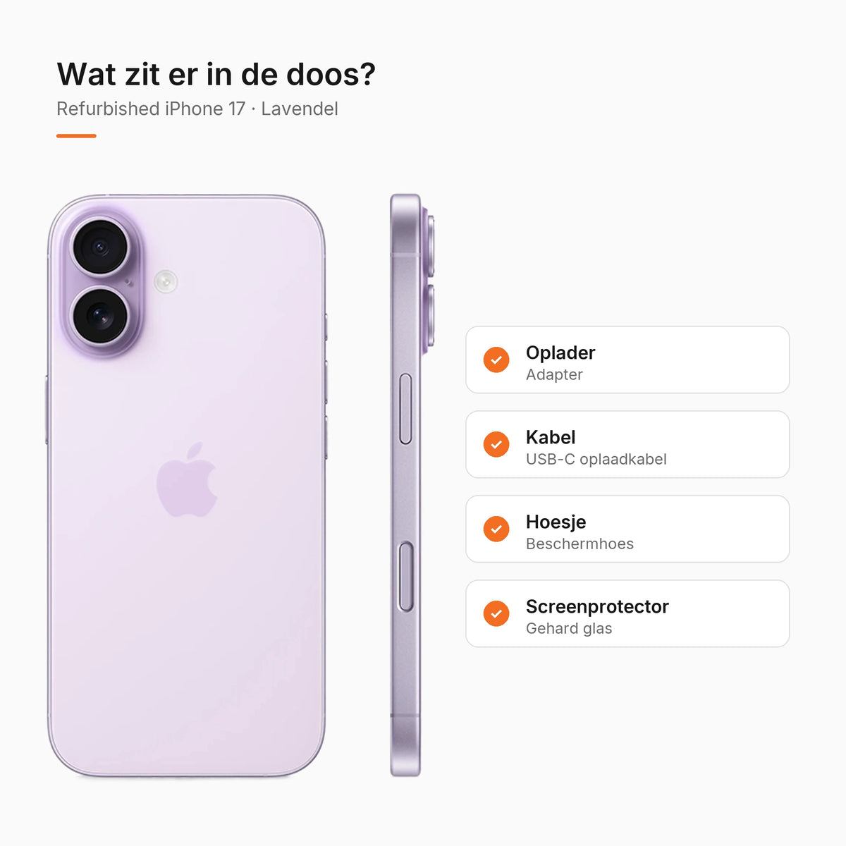 Refurbished iPhone 17 Lavendel, wat zit er in de doos