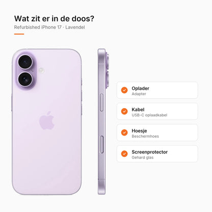 Refurbished iPhone 17 Lavendel, wat zit er in de doos