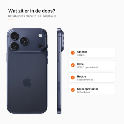 Refurbished iPhone 17 Pro Diepblauw, wat zit er in de doos