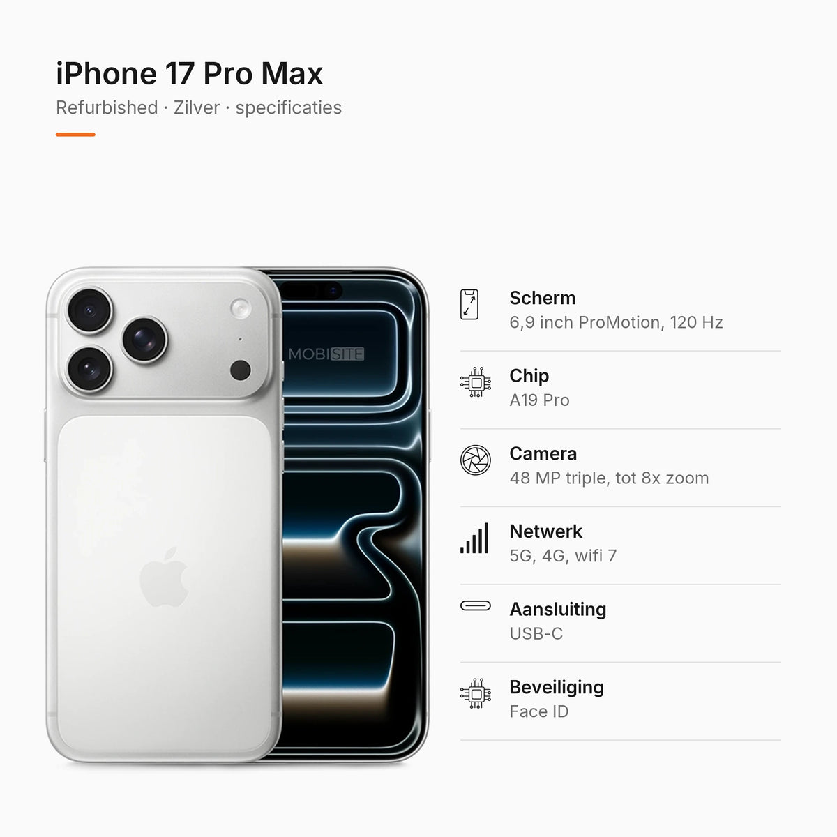 Refurbished iPhone 17 Pro Max Zilver, specificaties