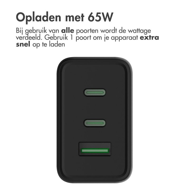 Power Pro GaN Ultra Fast Wall Charger - Oplader 2x USB-C & USB aansluiting - Snellader - Power Delivery - 65W - Zwart