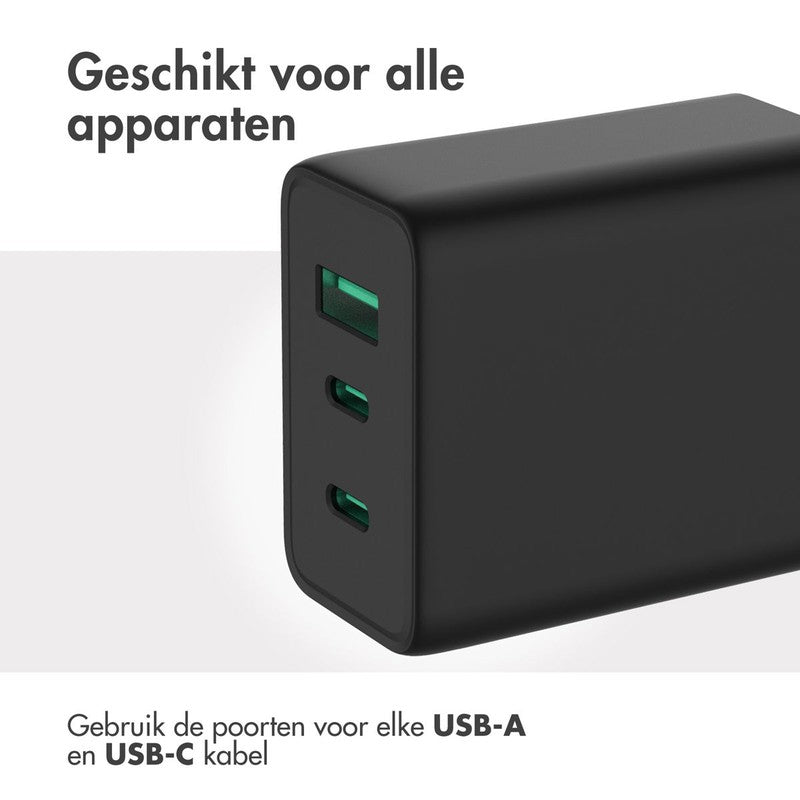 Power Pro GaN Ultra Fast Wall Charger - Oplader 2x USB-C & USB aansluiting - Snellader - Power Delivery - 65W - Zwart