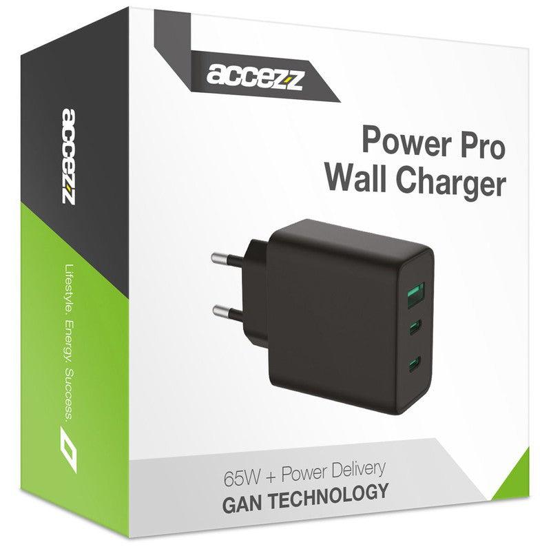 Power Pro GaN Ultra Fast Wall Charger - Oplader 2x USB-C & USB aansluiting - Snellader - Power Delivery - 65W - Zwart