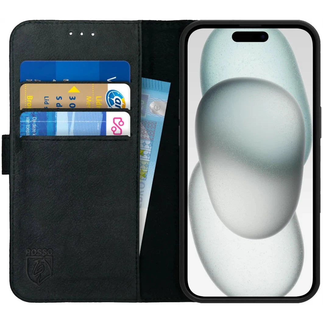 Premium Apple iPhone 15 Plus Hoesje Echt Leer Book Case - Zwart