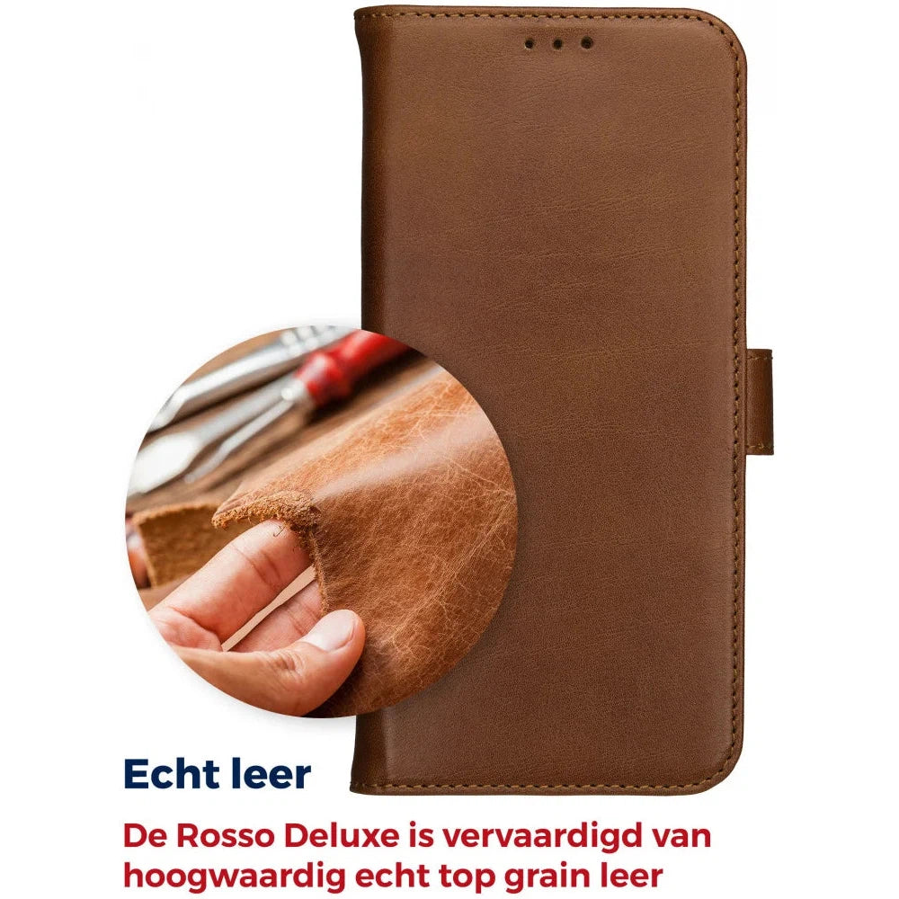 Deluxe Apple iPhone 15 Plus Hoesje Echt Leer Book Case - Bruin