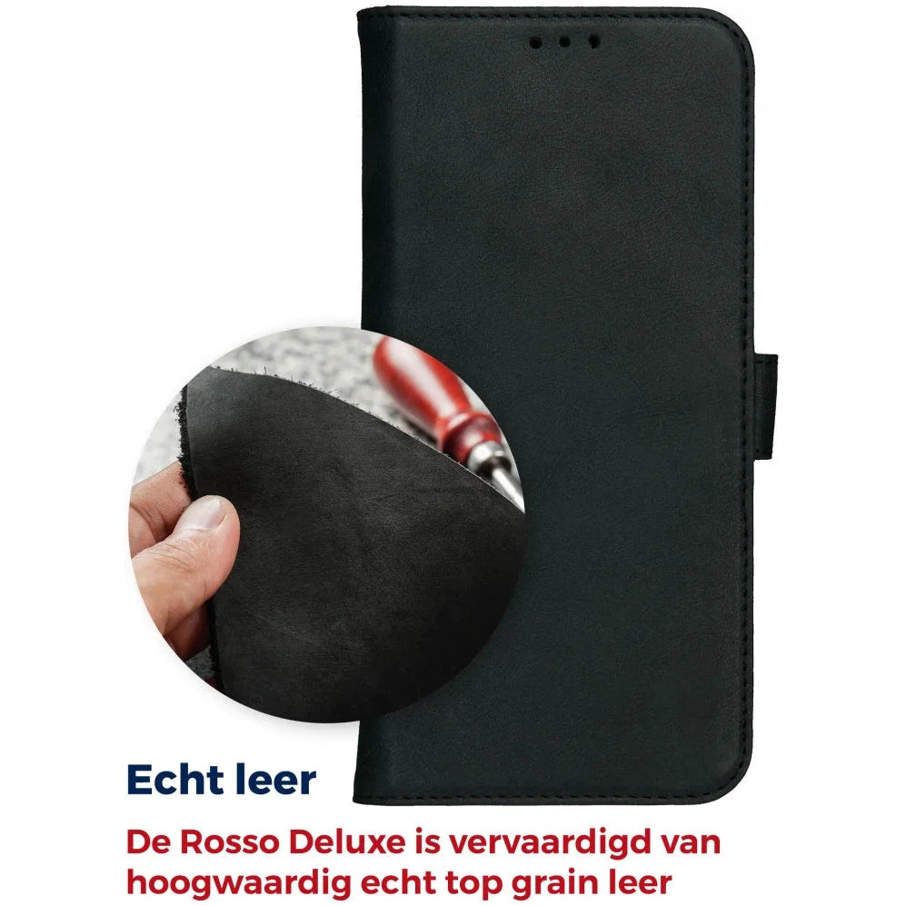 Premium Apple iPhone 15 Plus Hoesje Echt Leer Book Case - Zwart