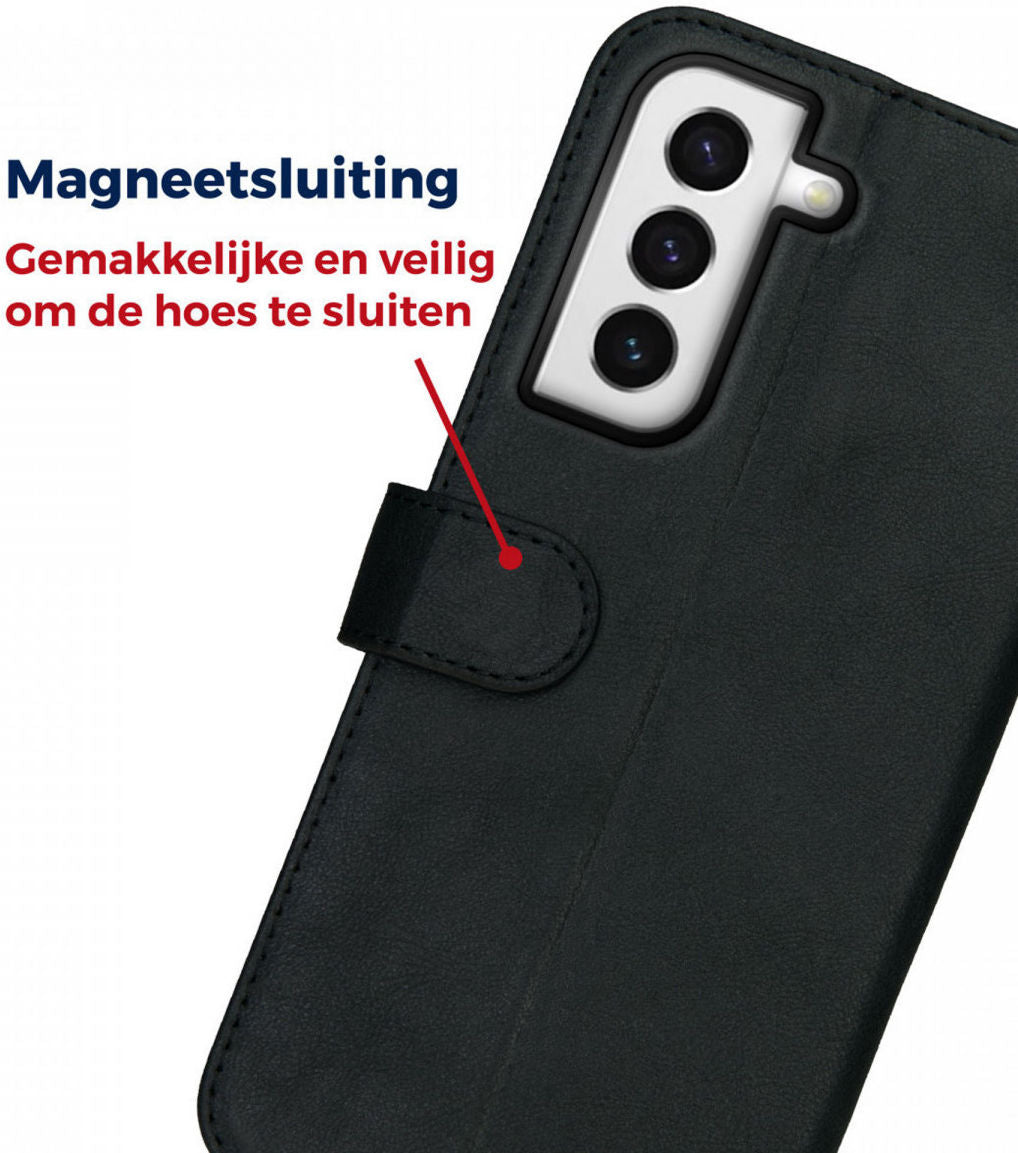 Deluxe Samsung Galaxy S22 Hoesje Wallet Case Echt Leer Zwart