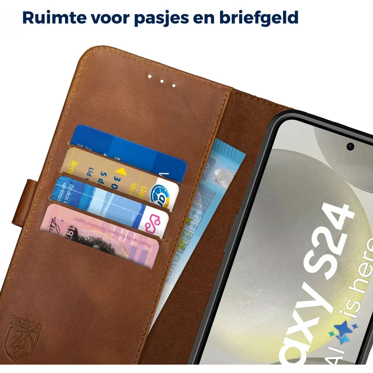 Deluxe Samsung Galaxy S24 Plus Hoesje Echt Leer Book Case Bruin