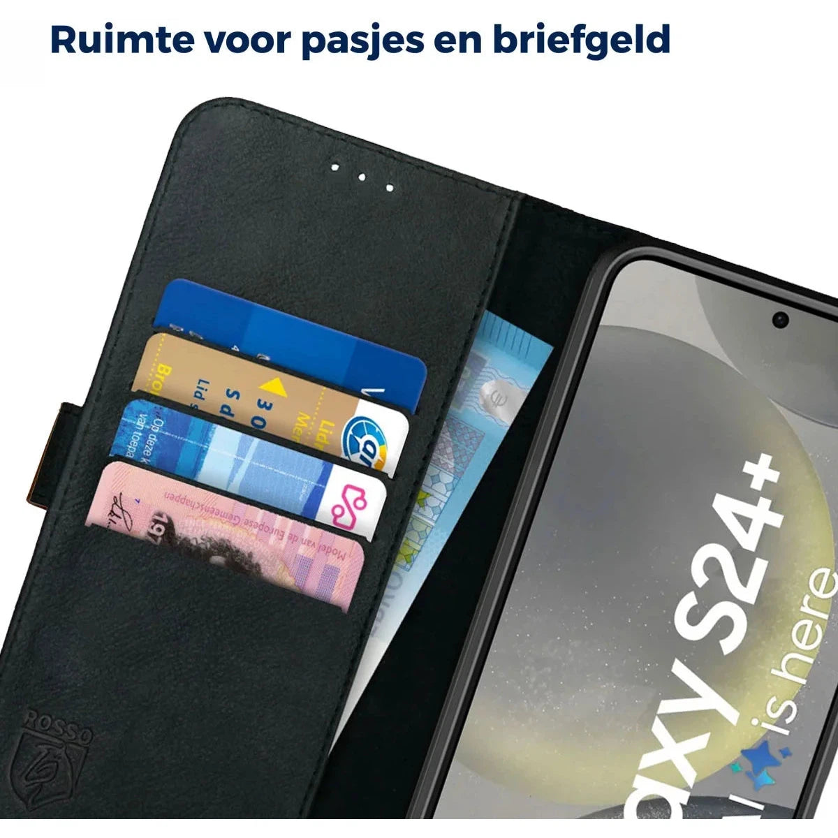 Deluxe Samsung Galaxy S24 Plus Hoesje Echt Leer Book Case Zwart